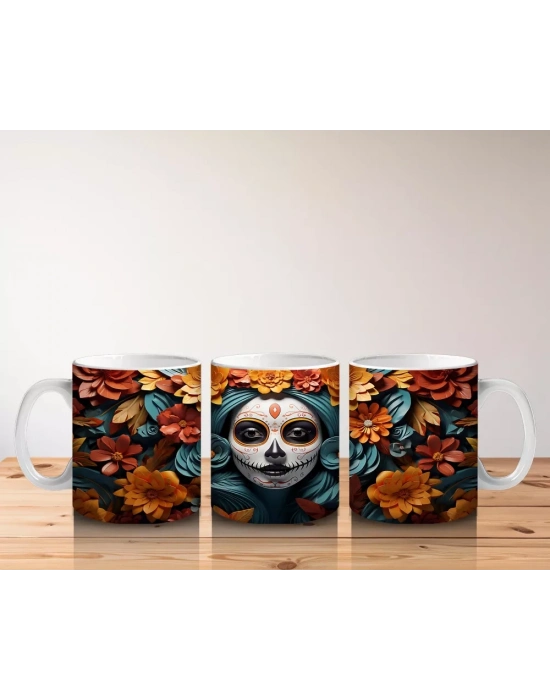 Turuncu ve Mavi Yapraklar Arasında Kafatası – Hediyelik Kahve Kupası