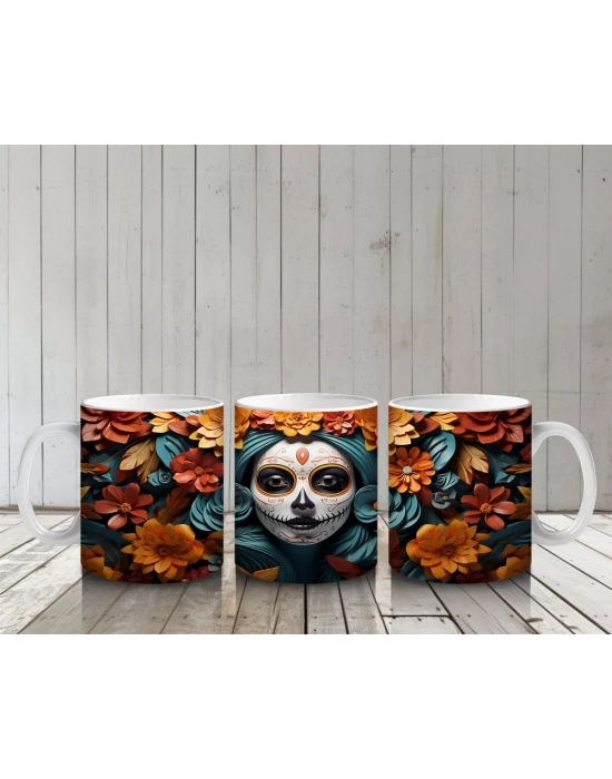 Turuncu ve Mavi Yapraklar Arasında Kafatası – Hediyelik Kahve Kupası