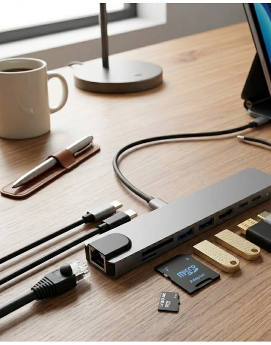 Type C Çoklu Port Hub 8 Port USB HDMI SD Kart Ethernet Adaptör