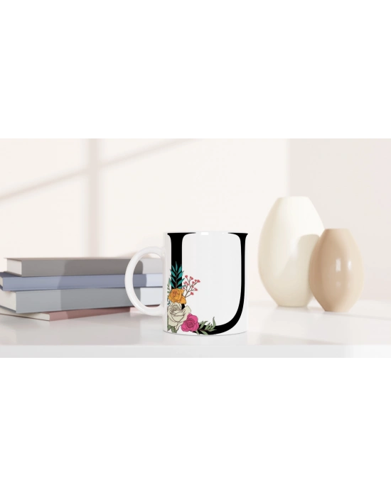 U Harfi Çiçek Motifli Harfli Kupa Bardak