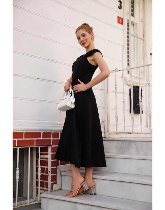 U yaka prenses elbise siyah s255101