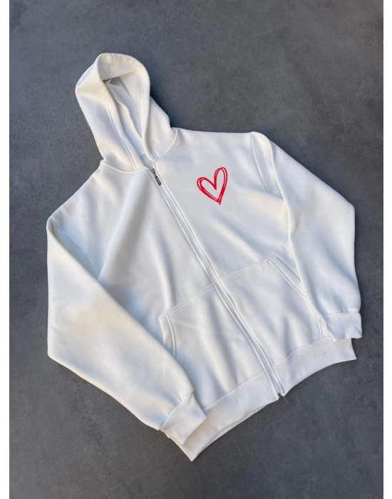 Üç İplik Baskılı Fermuarlı Kapüşonlu Hırka - Beyaz