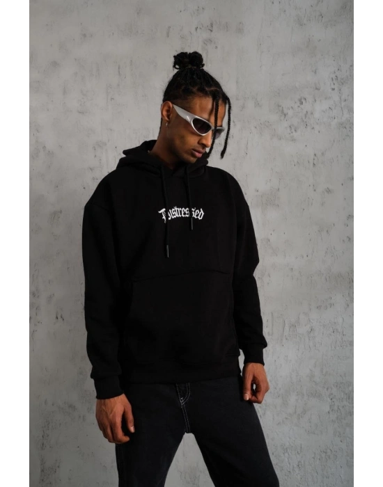 Üç İplik Baskılı Kapüşonlu Sweat - Siyah -