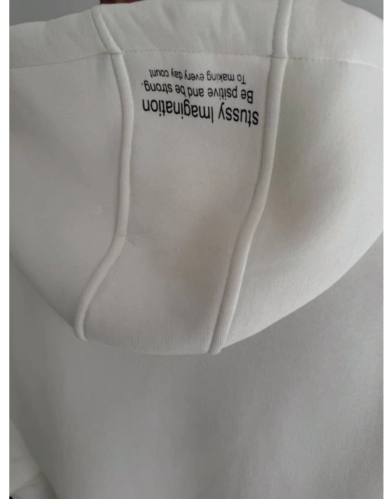 Üç İplik Kapşonlu Baskılı SweatShirt - Beyaz -