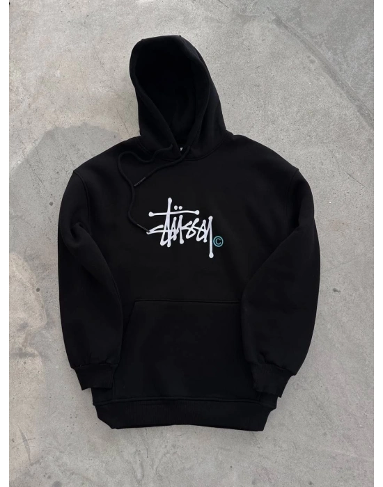 Üç İplik Kapşonlu Baskılı SweatShirt - Siyah -