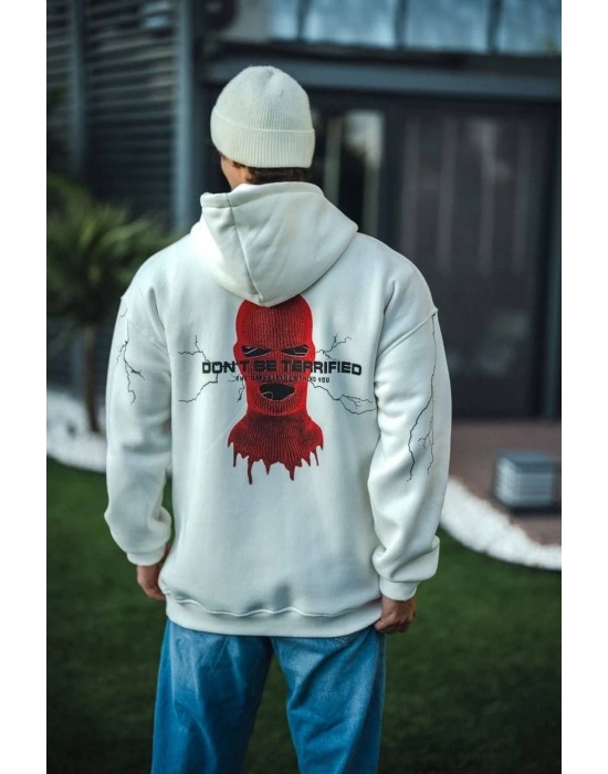 Üç İplik Kapüşonlu Baskılı Oversize SweatShirt- Beyaz