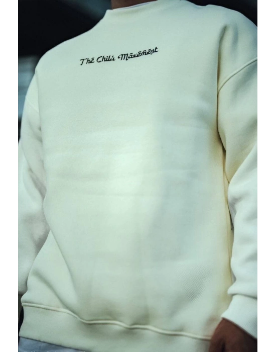 Üç İplik Penye Bisiklet Yaka Oversize Baskılı SweatShirt - Beyaz