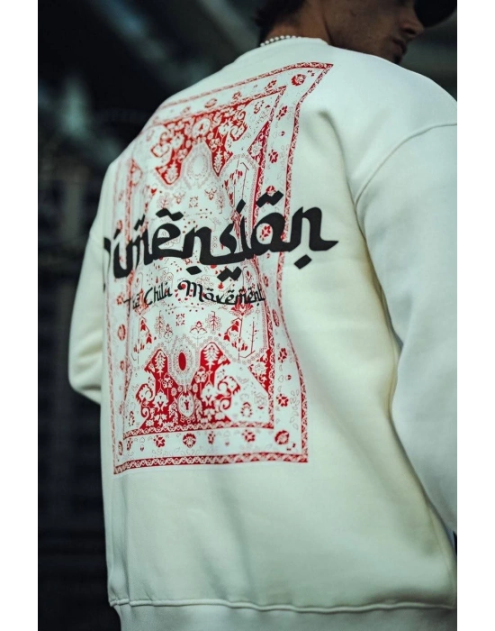 Üç İplik Penye Bisiklet Yaka Oversize Baskılı SweatShirt - Beyaz