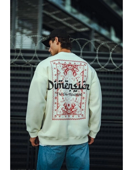 Üç İplik Penye Bisiklet Yaka Oversize Baskılı SweatShirt - Beyaz