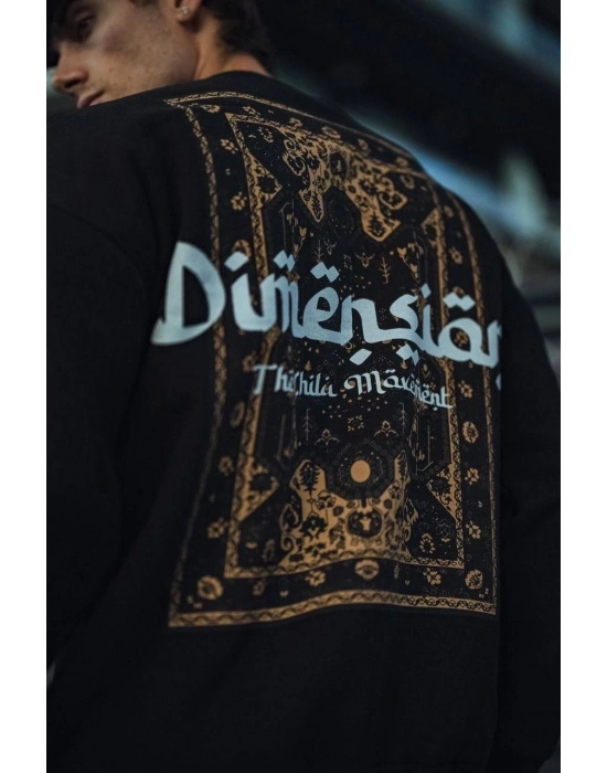Üç İplik Penye Bisiklet Yaka Oversize Baskılı SweatShirt - Siyah