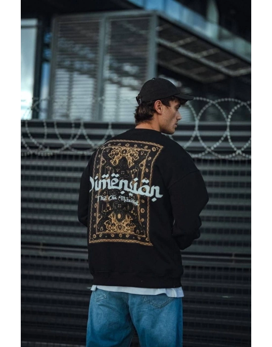 Üç İplik Penye Bisiklet Yaka Oversize Baskılı SweatShirt - Siyah