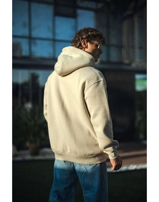Üç İplik Penye kapüşonlu Basic SweatShirt - Bej