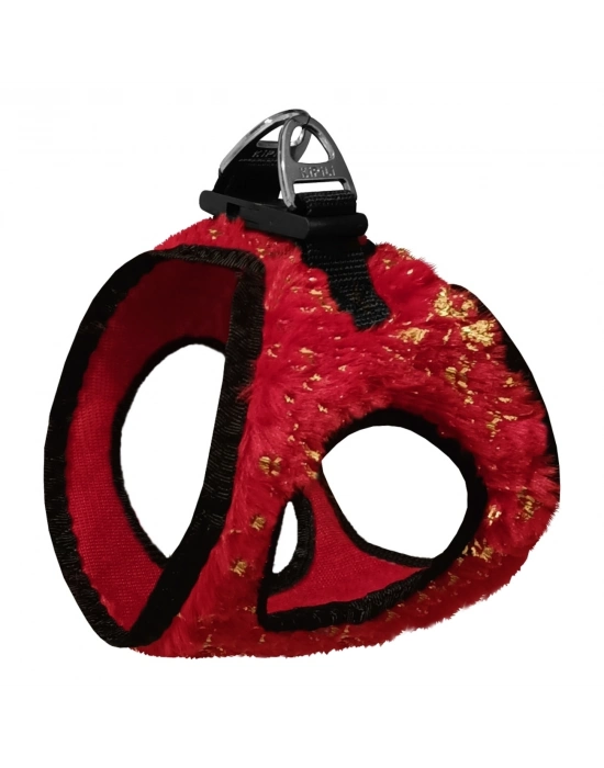 Üç Kilitli Simli Peluş Kedi Köpek Göğüs Tasması 24-28 cm XX-Small Kırmızı