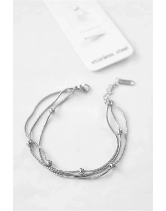 Üç Zincirli Toplu Çelik Bileklik - Gümüş