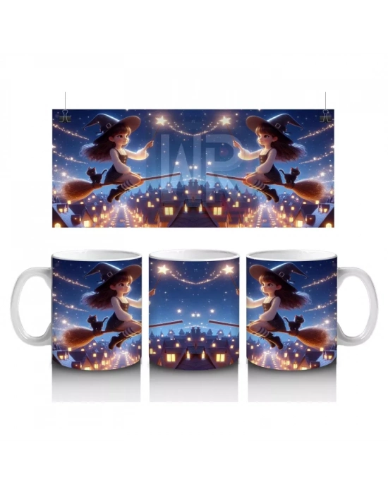 Uçan Cadılar ve Süpürgelerle Dolu Gökyüzü Temalı Cadılar Bayramı Baskılı Kupa Bardak