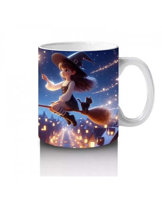 Uçan Cadılar ve Süpürgelerle Dolu Gökyüzü Temalı Cadılar Bayramı Baskılı Kupa Bardak