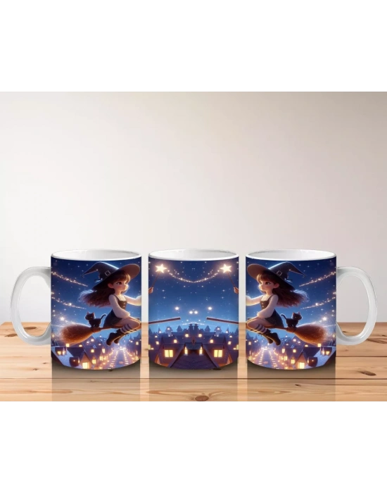 Uçan Cadılar ve Süpürgelerle Dolu Gökyüzü Temalı Cadılar Bayramı Baskılı Kupa Bardak