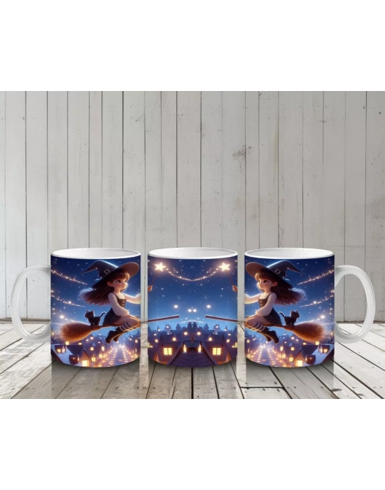 Uçan Cadılar ve Süpürgelerle Dolu Gökyüzü Temalı Cadılar Bayramı Baskılı Kupa Bardak