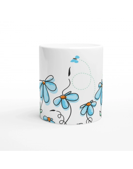 Uçuşan Kelebekler ve Mavi Çiçekler Kupa Bardak