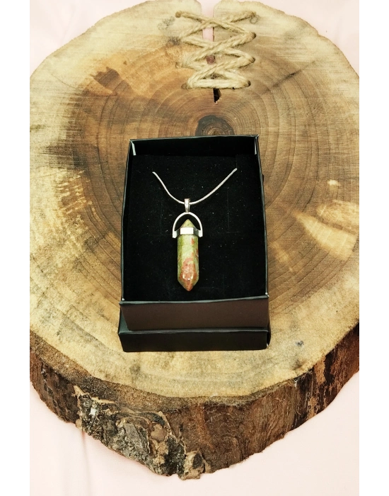 Unakit Doğal Taşı Zincirli El Yapımı Kolye Uç: 3 cm Zincir: 20 cm Kutulu
