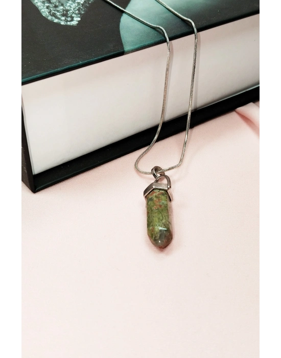 Unakit Doğal Taşı Zincirli El Yapımı Kolye Uç: 3 cm Zincir: 20 cm Kutulu
