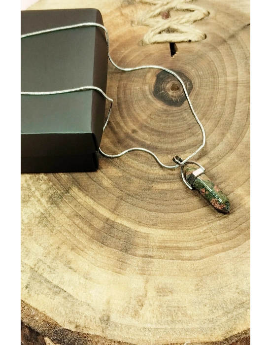 Unakit Doğal Taşı Zincirli El Yapımı Tasarımlı Kolye Uç: 3,5 cm Zincir: 20 cm Kutulu