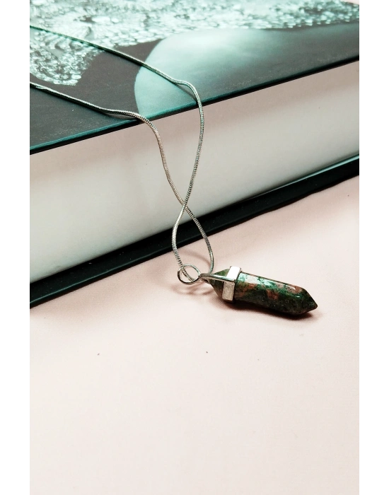 Unakit Doğal Taşı Zincirli El Yapımı Tasarımlı Kolye Uç: 3,5 cm Zincir: 20 cm Kutulu