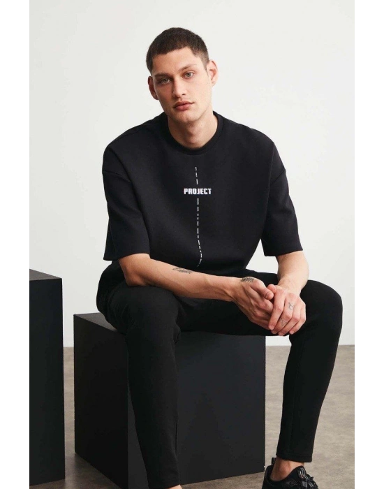 Erkek Baskılı T-Shirt Kısa Kol Bisiklet Yaka Regular Fit Rahat Kalıp Tişört - Siyah