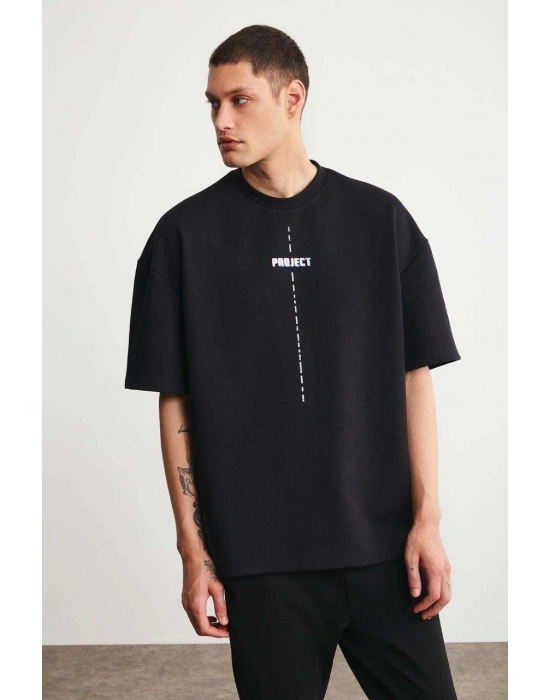 Erkek Baskılı T-Shirt Kısa Kol Bisiklet Yaka Regular Fit Rahat Kalıp Tişört - Siyah