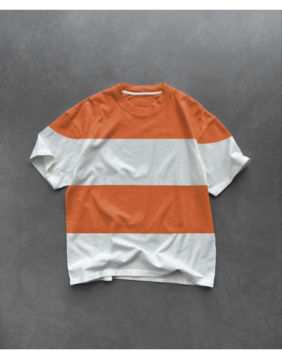 Unisex Bisiklet Yaka Parçalı T-Shirt - Turuncu