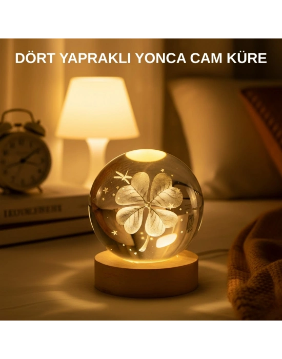 USB Bağlantılı Yonca Bitkili Cam Küre Ahşap Altlıklı Dekoratif Lamba