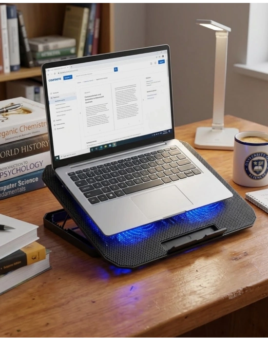USB Girişli Laptop Soğutma Standı Çift Fan Mavi Işıklı Notebook Soğutucu