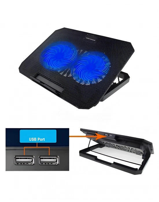 USB Girişli Laptop Soğutma Standı Çift Fan Mavi Işıklı Notebook Soğutucu