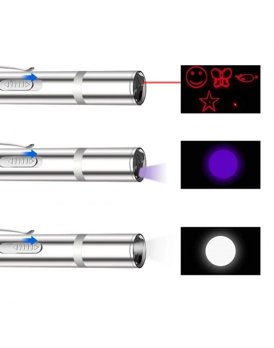 ®  Usb İle Şarj Edilebilen 3In 1 Kırmızı Işık +Beyaz Led Meşale Işık + Uv El Feneri Kedi Lazeri