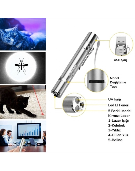 ®  Usb İle Şarj Edilebilen 3In 1 Kırmızı Işık +Beyaz Led Meşale Işık + Uv El Feneri Kedi Lazeri
