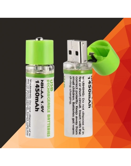 ®  USB Şarjlı 1450mAh AA 1.2V Lityum Kalem Pil – 2’li Set, Tekrar Şarj Edilebilir Uzun Ömürlü Dönüştürülebilir Batarya