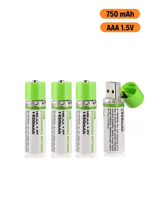 ®  USB Şarjlı 1450mAh AA 1.2V Lityum Kalem Pil – 4lü Set, Tekrar Şarj Edilebilir Uzun Ömürlü Dönüştürülebilir Batarya