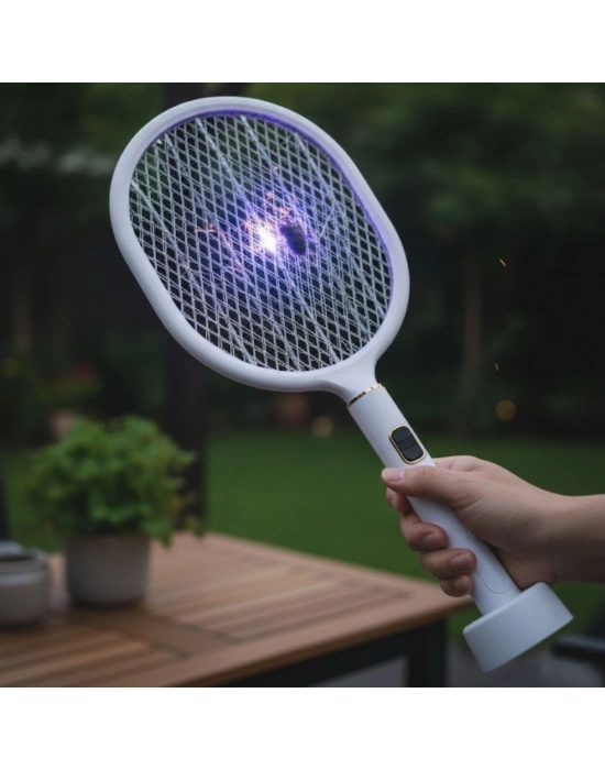®  USB Şarjlı Beyaz Renk Kendiliğinden Standlı Şarj Göstergeli UV Işıklı Sinek Öldürme Raketi LTD-718