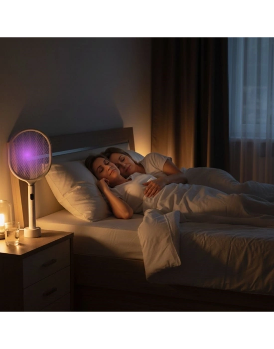 ®  USB Şarjlı Beyaz Renk Kendiliğinden Standlı Şarj Göstergeli UV Işıklı Sinek Öldürme Raketi LTD-718