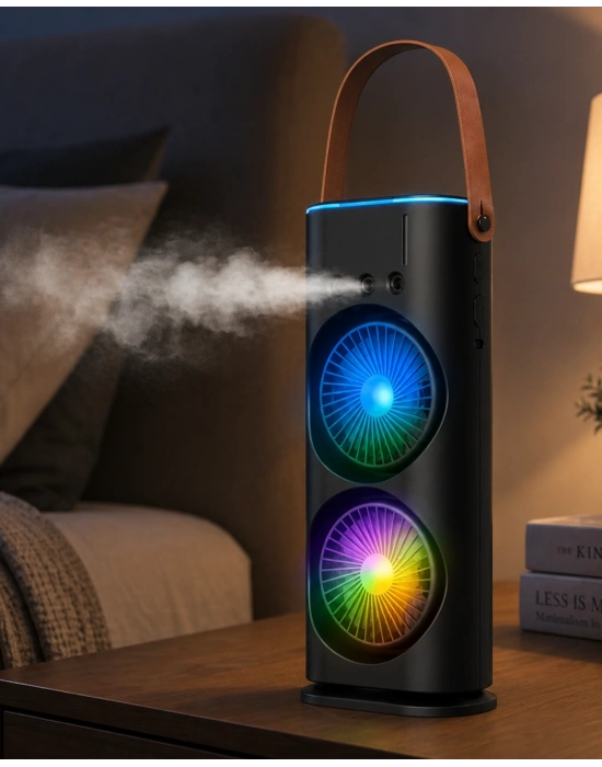 USB Şarjlı Çift Başlıklı Buharlı Masaüstü Fan Sessiz Serinletici Işıklı Fan