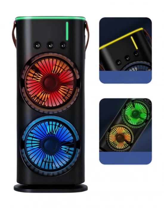 USB Şarjlı Çift Başlıklı Buharlı Masaüstü Fan Sessiz Serinletici Işıklı Fan