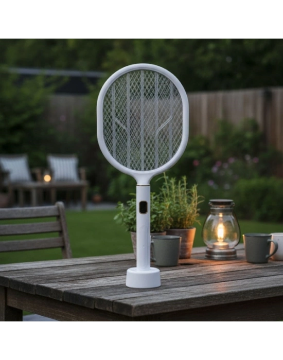 USB Şarjlı Standlı Şarj Göstergeli UV Işıklı Beyaz Sinek Öldürme Raketi