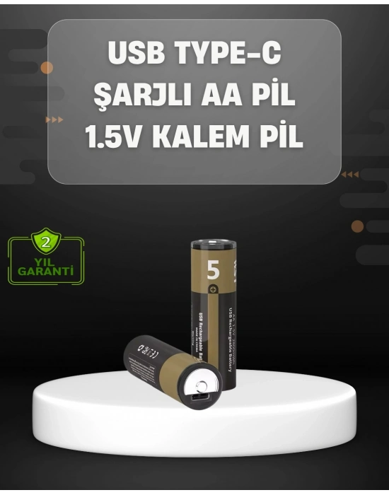 USB Type-C Girişli Şarjlı AA Lityum Pil | 1.5V Sabit Çıkış | 3200mWh (2li Paket)