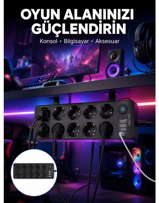 USB ve Type-C Çıkışlı 10lu Akım Korumalı Çoklu Priz Güç Dağıtıcı