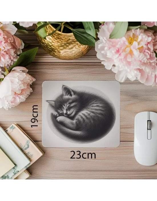 Uyuyan Kedi Çizimli Mousepad – Karakalem Tarz - 19x23 cm 2 mm Dikdörtgen İthal Baskılı Mouse Pad
