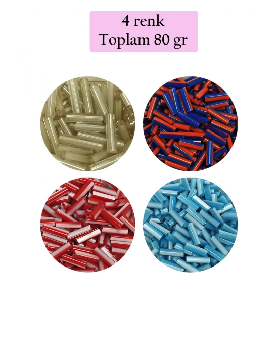 Uzun Boru Kesme Boncuk Çap 2mm Uzunluk 10 mm - 4 Renk - Toplam 80 Gram - BNC429