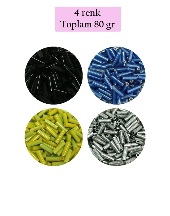 Uzun Boru Kesme Boncuk Çap 2mm Uzunluk 10 mm - 4 Renk - Toplam 80 Gram - BNC430
