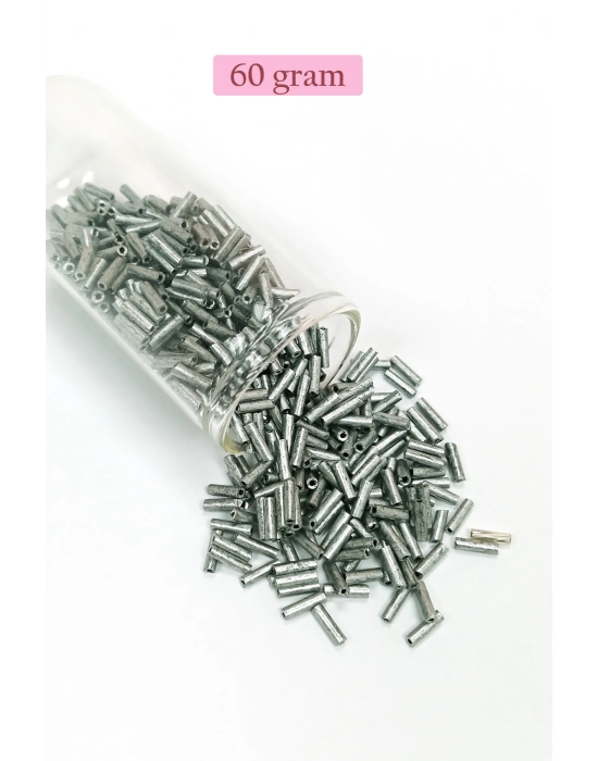 Uzun Boru Kesme Boncuk Çap 2mm Uzunluk 10 mm - 60 Gram - Desenli Gümüş - BNC283