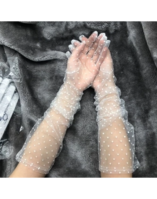 Uzun Boy Beyaz Puantiyeli Beyaz Renk Yetişkin Tül Eldiven