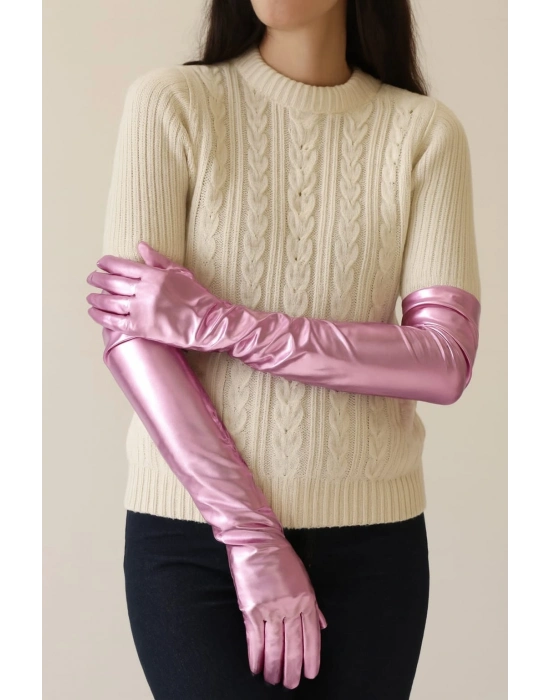 Uzun Boy Ekstra Parlak Eldiven Pembe Renk İç Kısım Vinleks Deri Dirsek Boyu